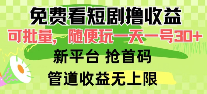 免费看短剧撸收益，可挂机批量，随便玩一天一号30+做推广抢首码，管道收益-优知网