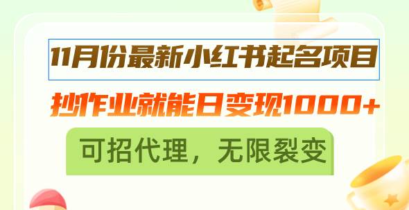 11月份最新小红书起名项目，抄作业就能日变现1000+，可招代理，无限裂变-优知网